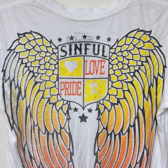 Sinful 💯 Cotton Butter Soft Print Tee Distressed Collar and Sleeveless - Picture 6 of 16